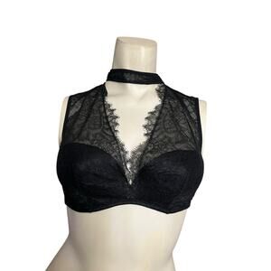 Victoria's Secret Dream Angels Lined Plunge Bra Black Lace High Neck Collar 34C